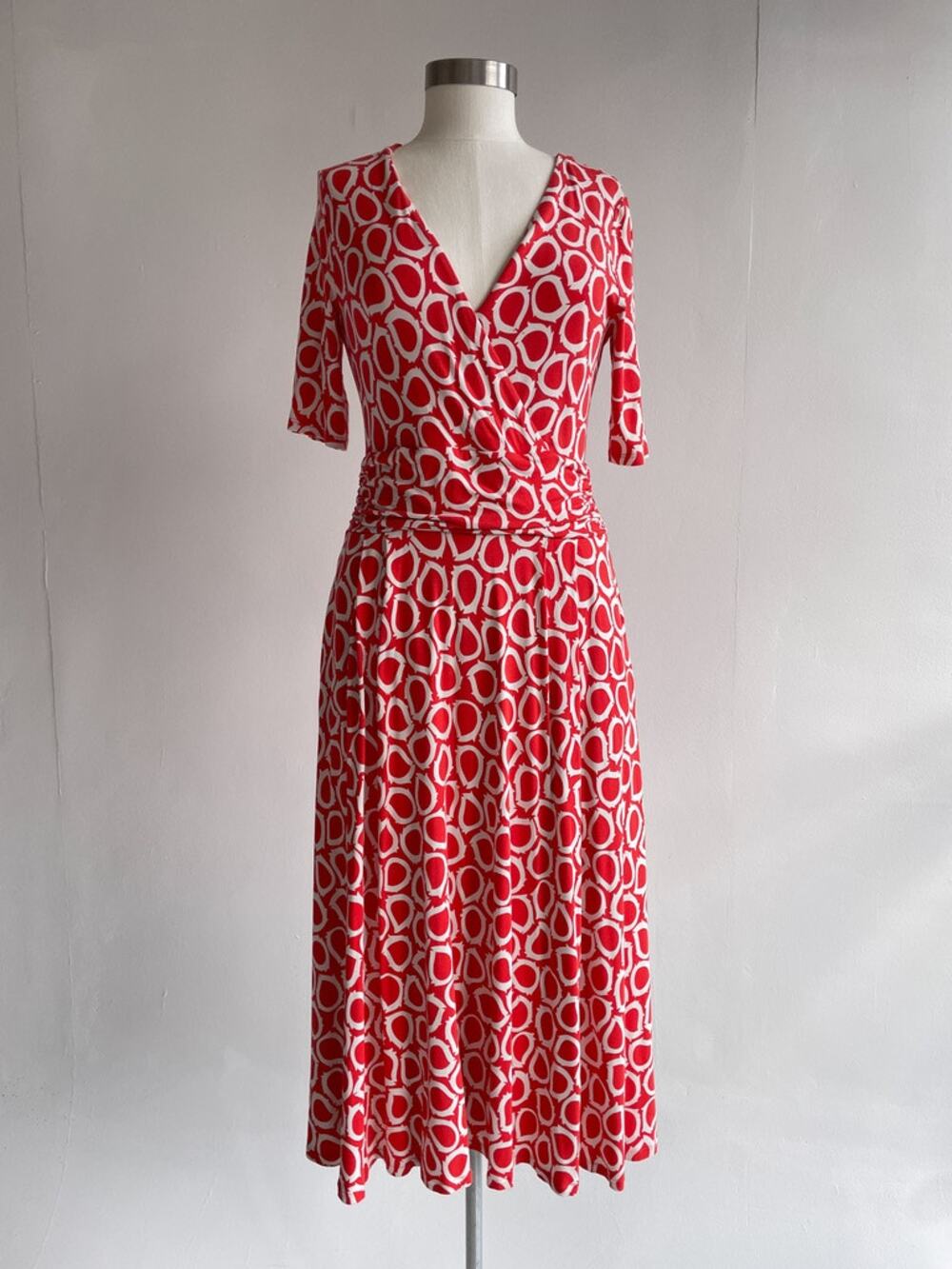 Boden Kassidy Dress Sz 8 Red Orange Jersey Print Faux-Wrap Pockets Boho